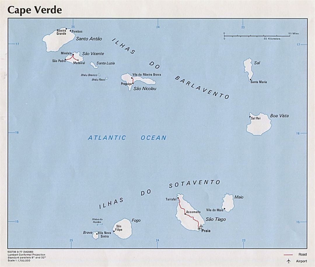 Large political map of Cape Verde with roads, major cities and airports - 1977