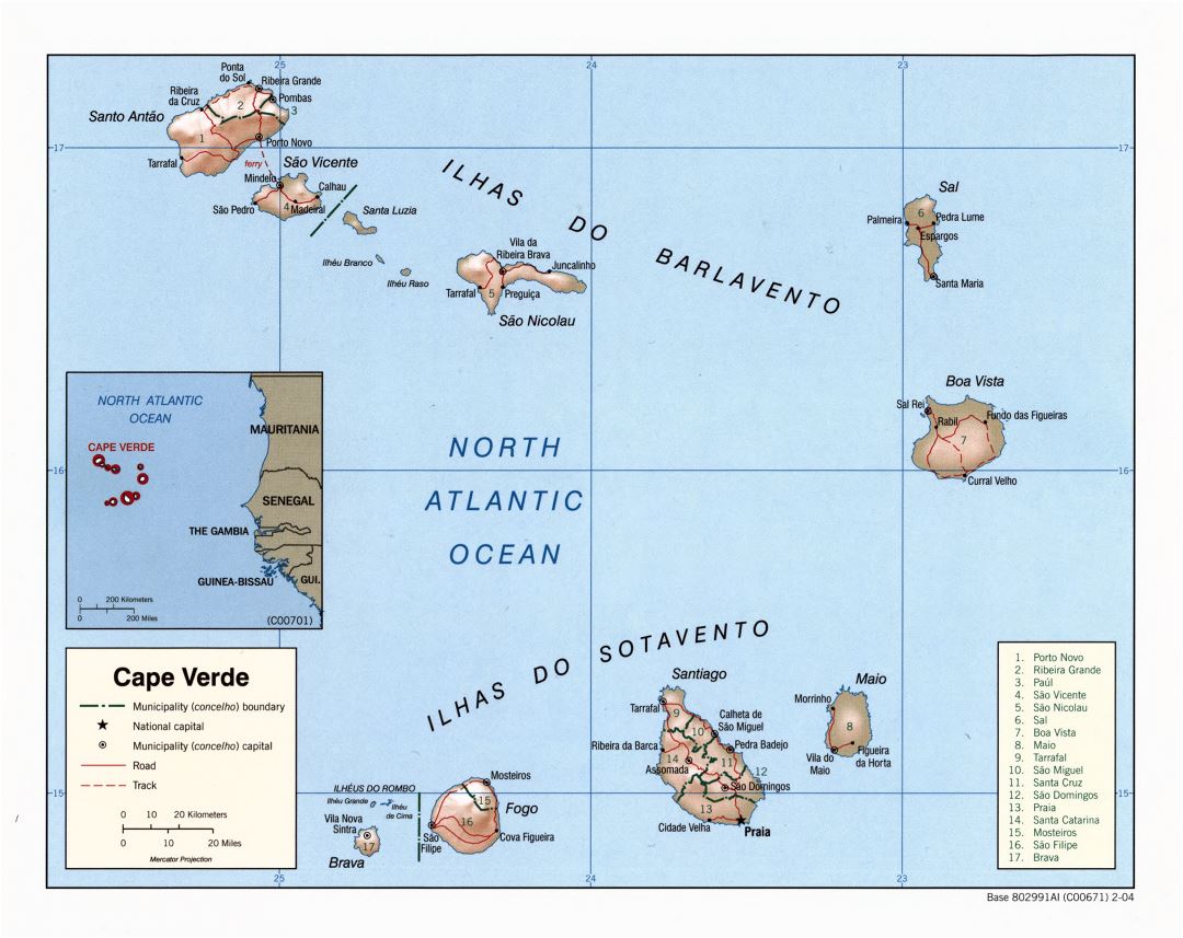 Large scale political and administrative map of Cape Verde with relief, roads and major cities - 2004