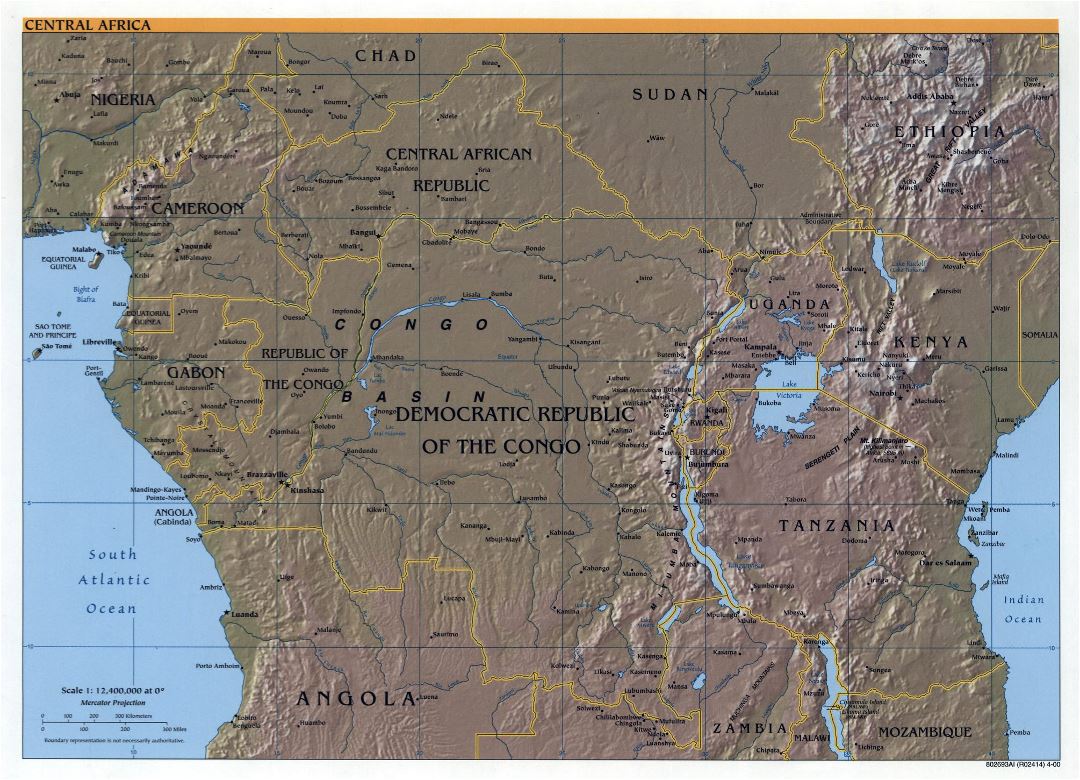 Large detailed political map of Central Africa with relief and major cities - 2000