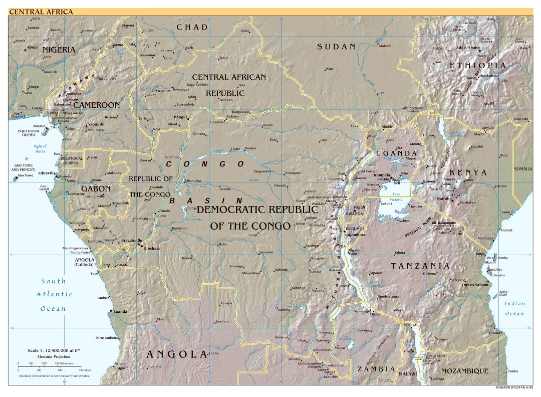 Large scale political map of Central Africa with relief and major cities - 1999