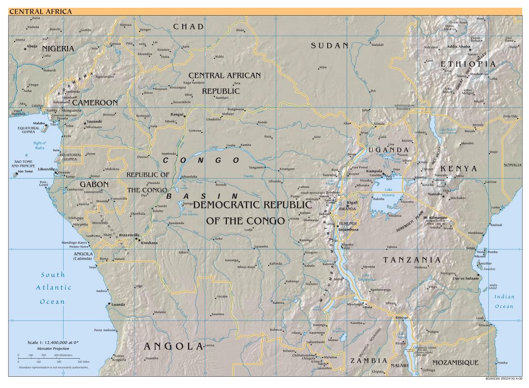 Large scale political map of Central Africa with relief and major cities - 2000