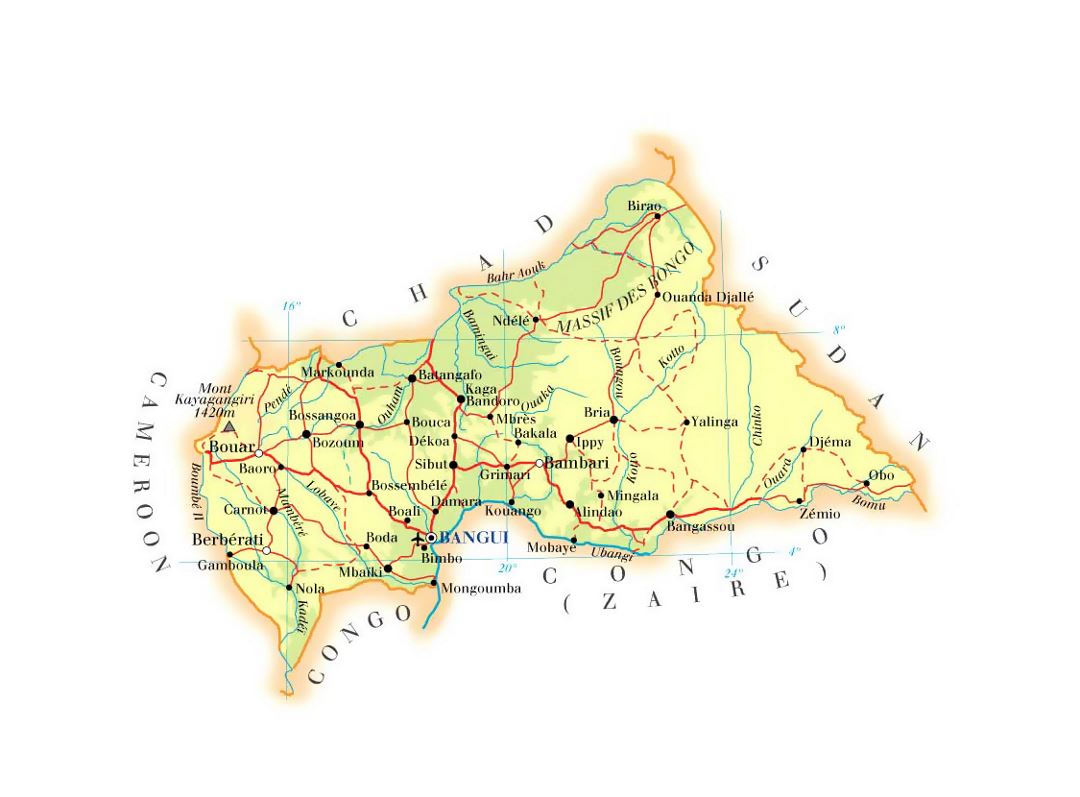 Detailed elevation map of Central African Republic with roads, cities and airports