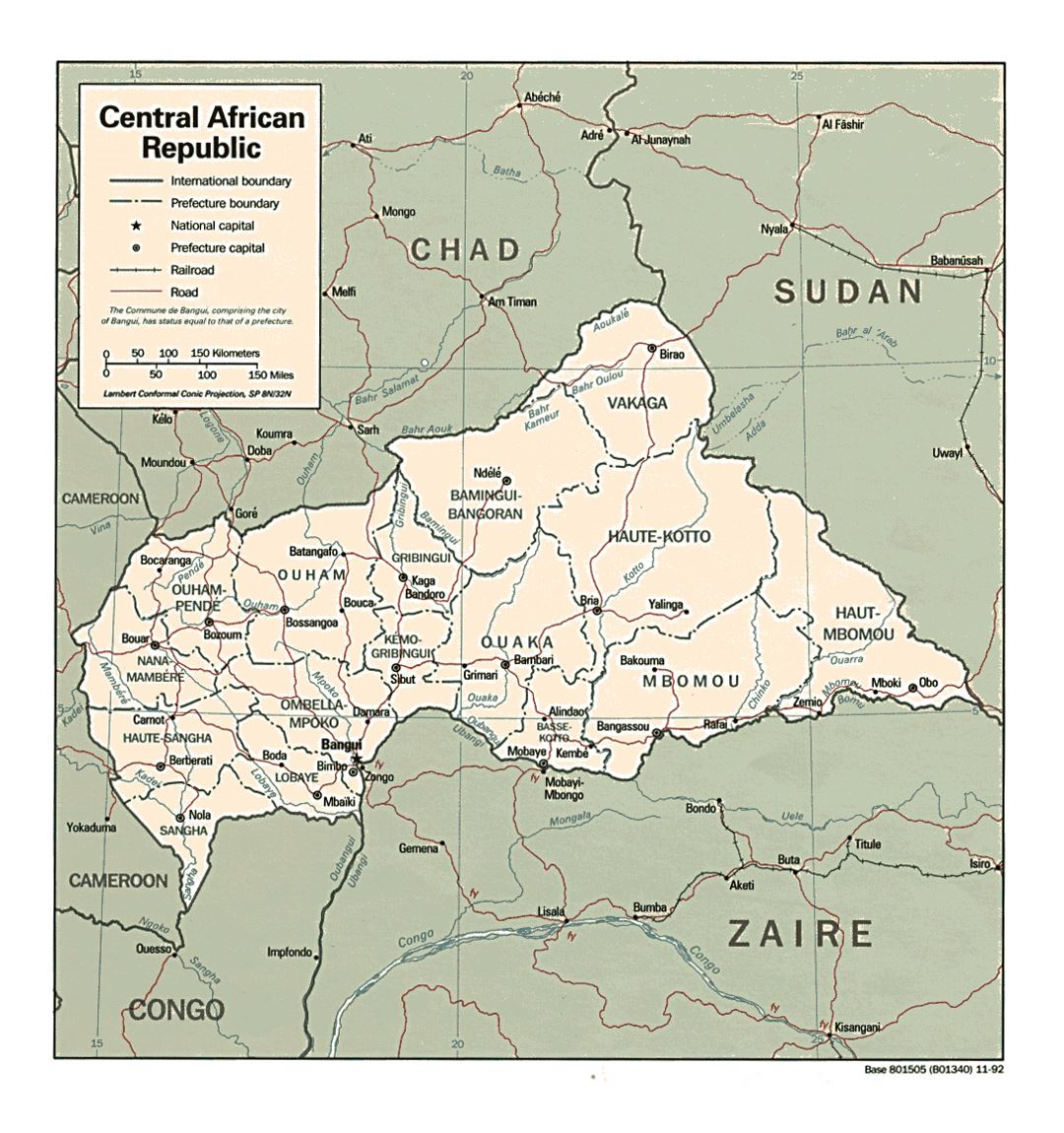 Detailed political and administrative map of Central African Republic with roads, railroads and major cities - 1992