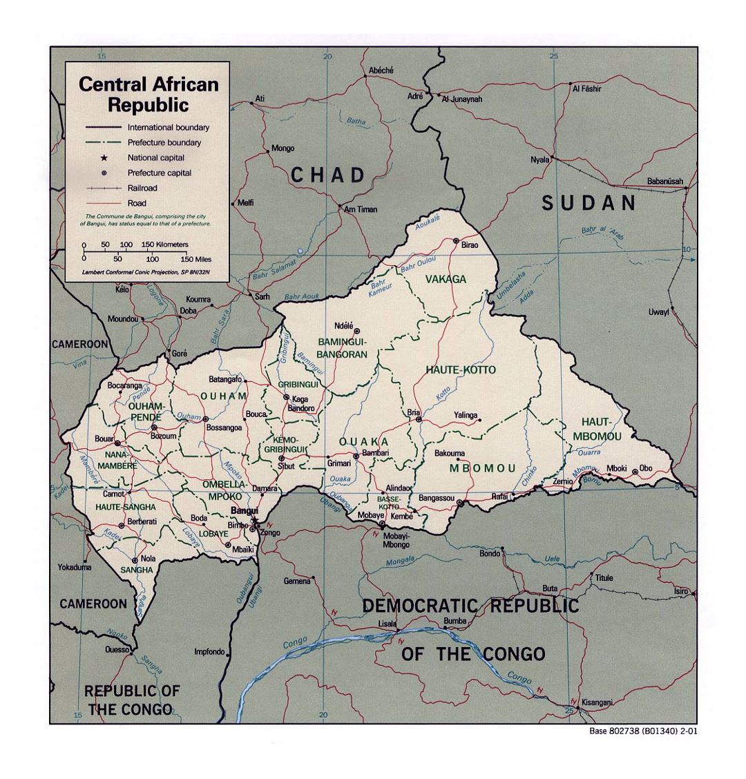 Detailed political and administrative map of Central African Republic with roads, railroads and major cities - 2001