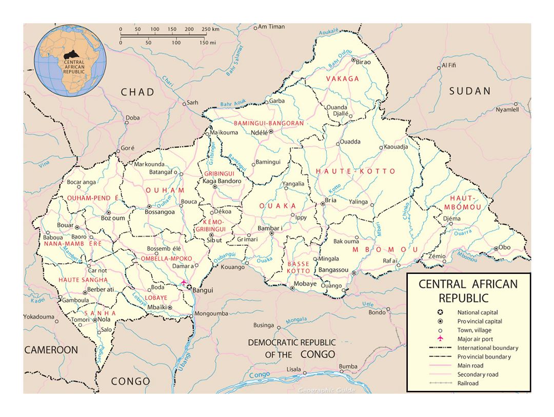 Detailed political and administrative map of Central African Republic with roads, railroads, major cities and airports