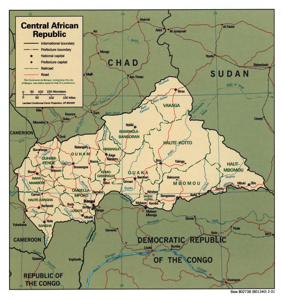 Large detailed political and administrative map of Central African Republic with roads, railroads and major cities - 2001