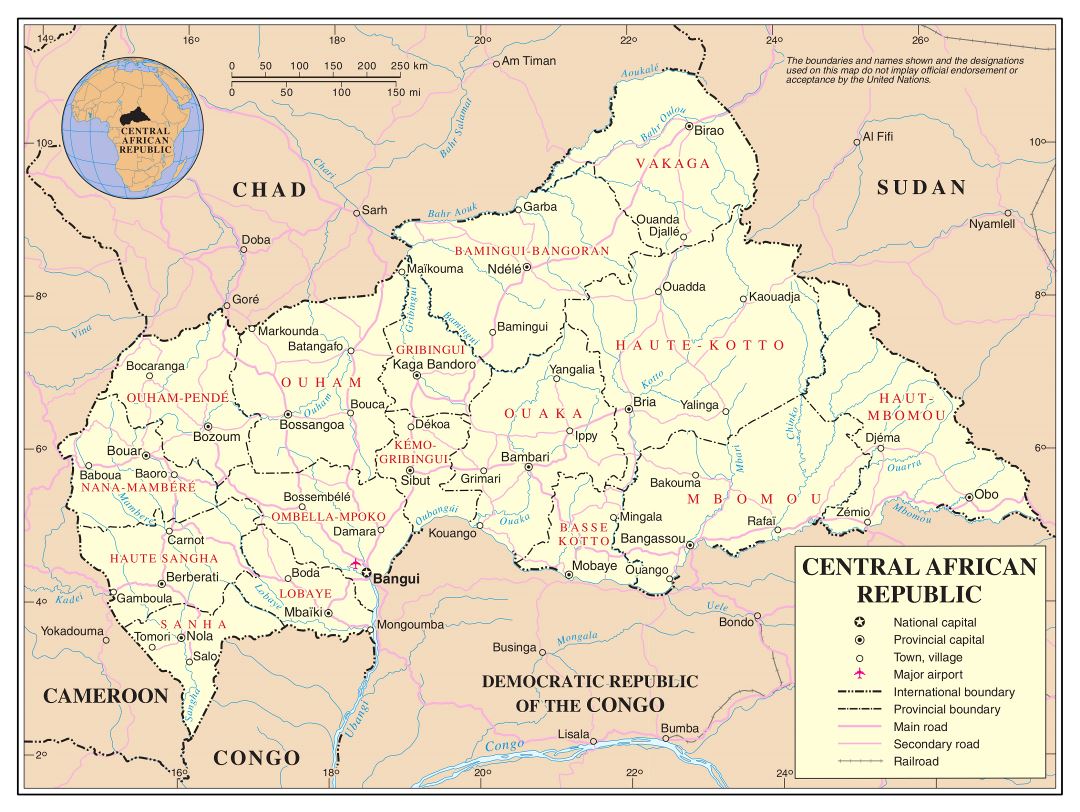 Large detailed political and administrative map of Central Aafrican Republic with roads, railroads, major cities and airports