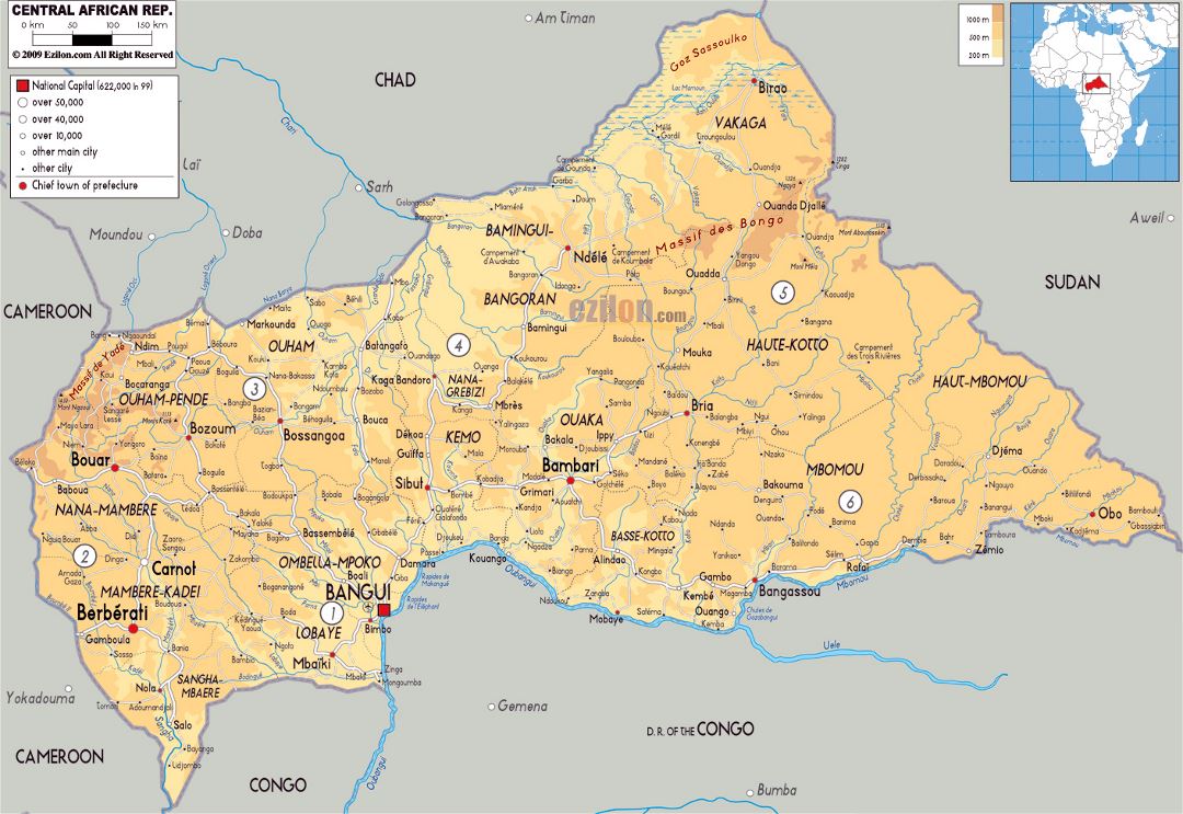 Large physical map of Central African Republic with roads, cities and airports