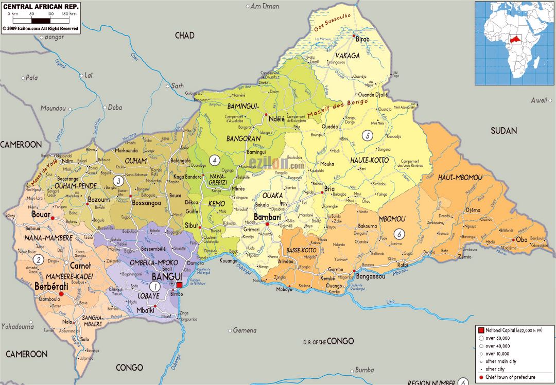 Large political and administrative map of Central African Republic with roads, cities and airports
