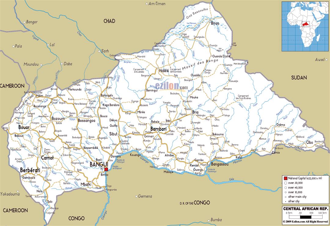 Large road map of Central African Republic with cities and airports