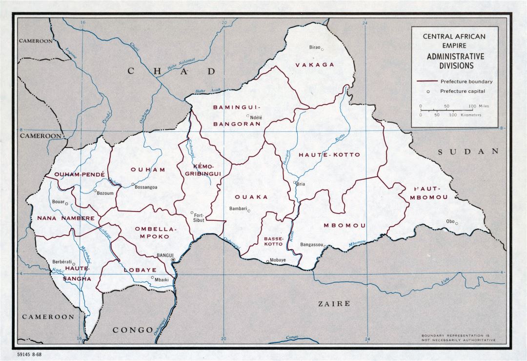 Large scale administrative divisions map of Central African Empire - 1968