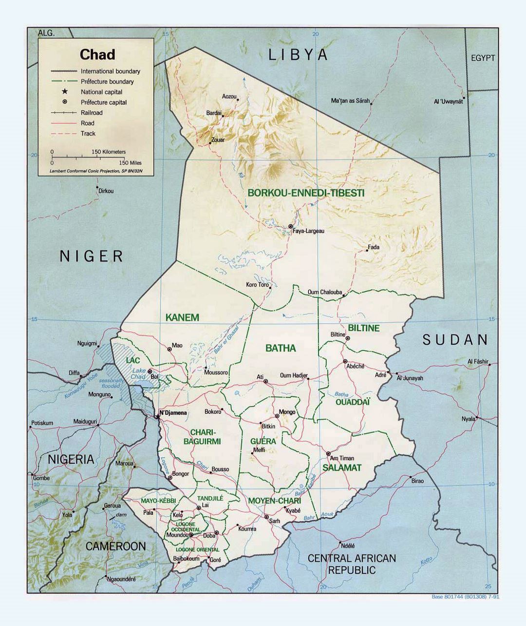 Detailed political and administrative map of Chad with relief, roads and major cities - 1991