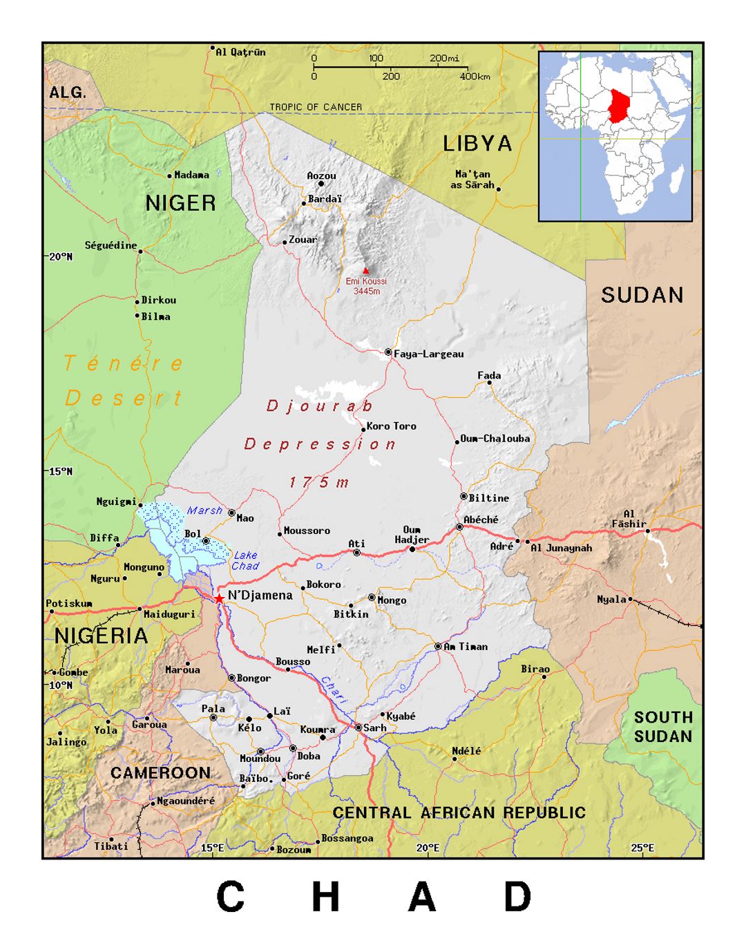 Detailed political map of Chad with relief