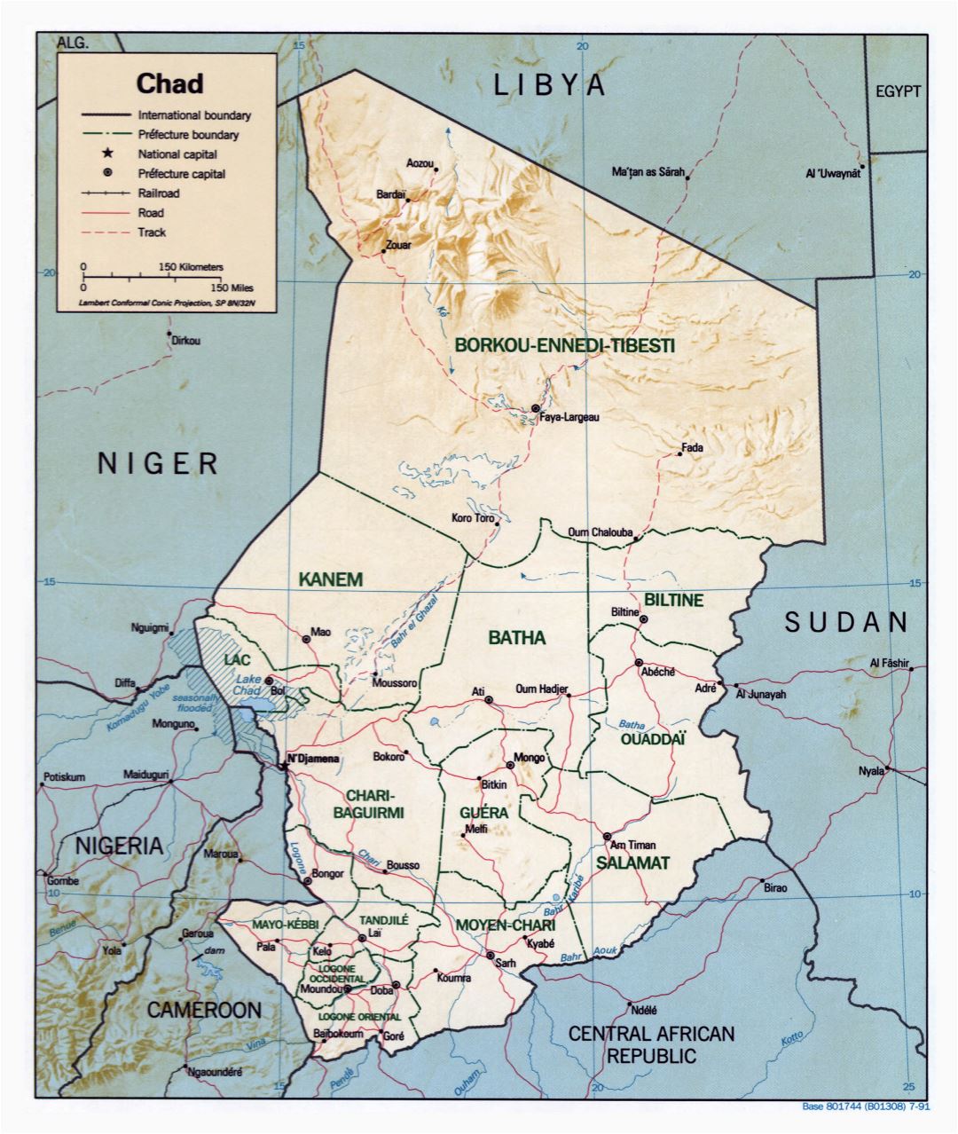 Large detailed political and administrative map of Chad with relief, roads and major cities - 1991