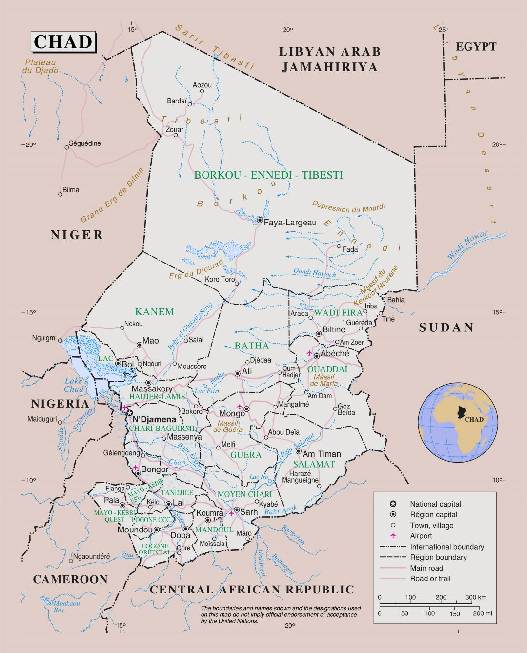 Large detailed political and administrative map of Chad with roads, major cities and airports