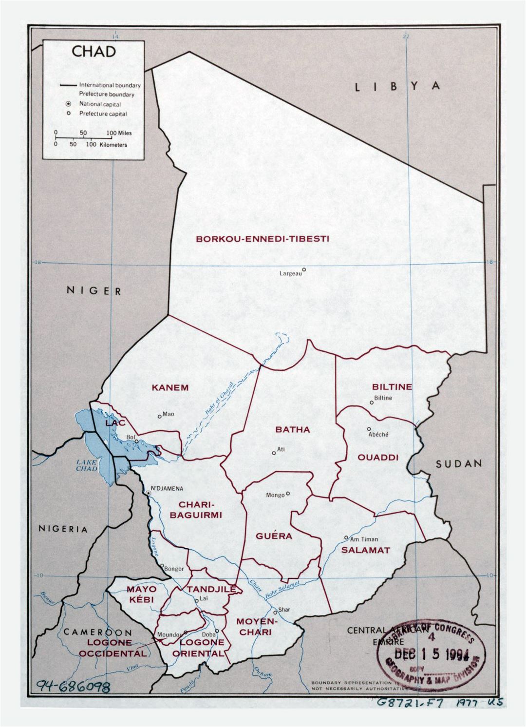 Large political and administrative map of Chad with major cities - 1977