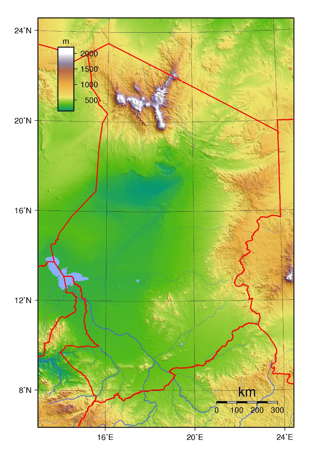 Large topographical map of Chad