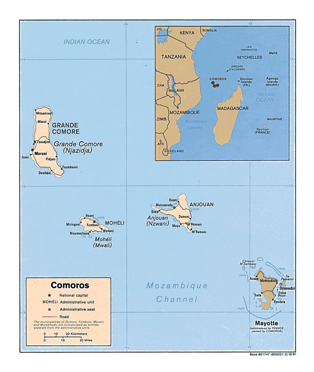 Detailed political map of Comoros with roads and cities - 1991