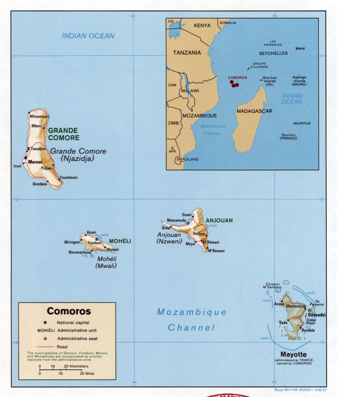 Large detailed political map of Comoros with relief, roads and cities - 1991