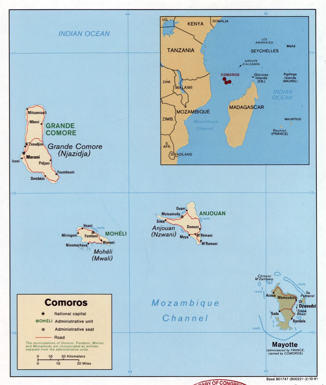 Large detailed political map of Comoros with roads and cities - 1991