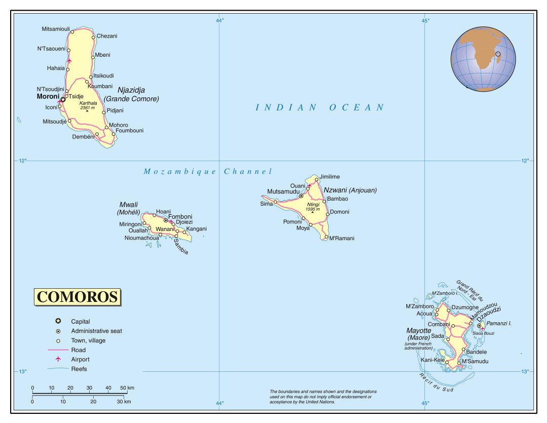 Large detailed political map of Comoros with roads, cities and airports