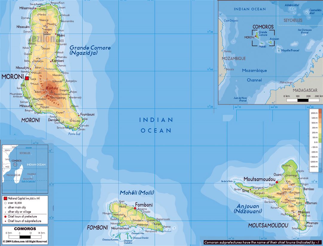 Large physical map of Comoros Islands with roads, cities and airports