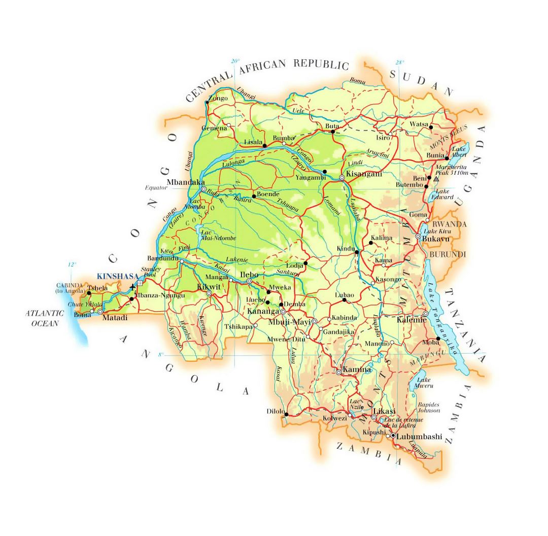 Detailed elevation map of Congo Democratic Republic with roads, cities and airports