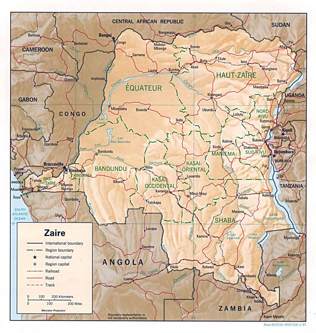 Detailed political and administrative map of Congo Democratic Republic with relief, roads, railroads and major cities - 1997
