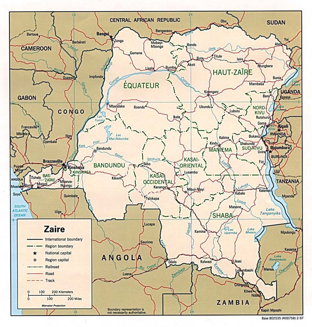 Detailed political and administrative map of Congo Democratic Republic with roads, railroads and major cities - 1997
