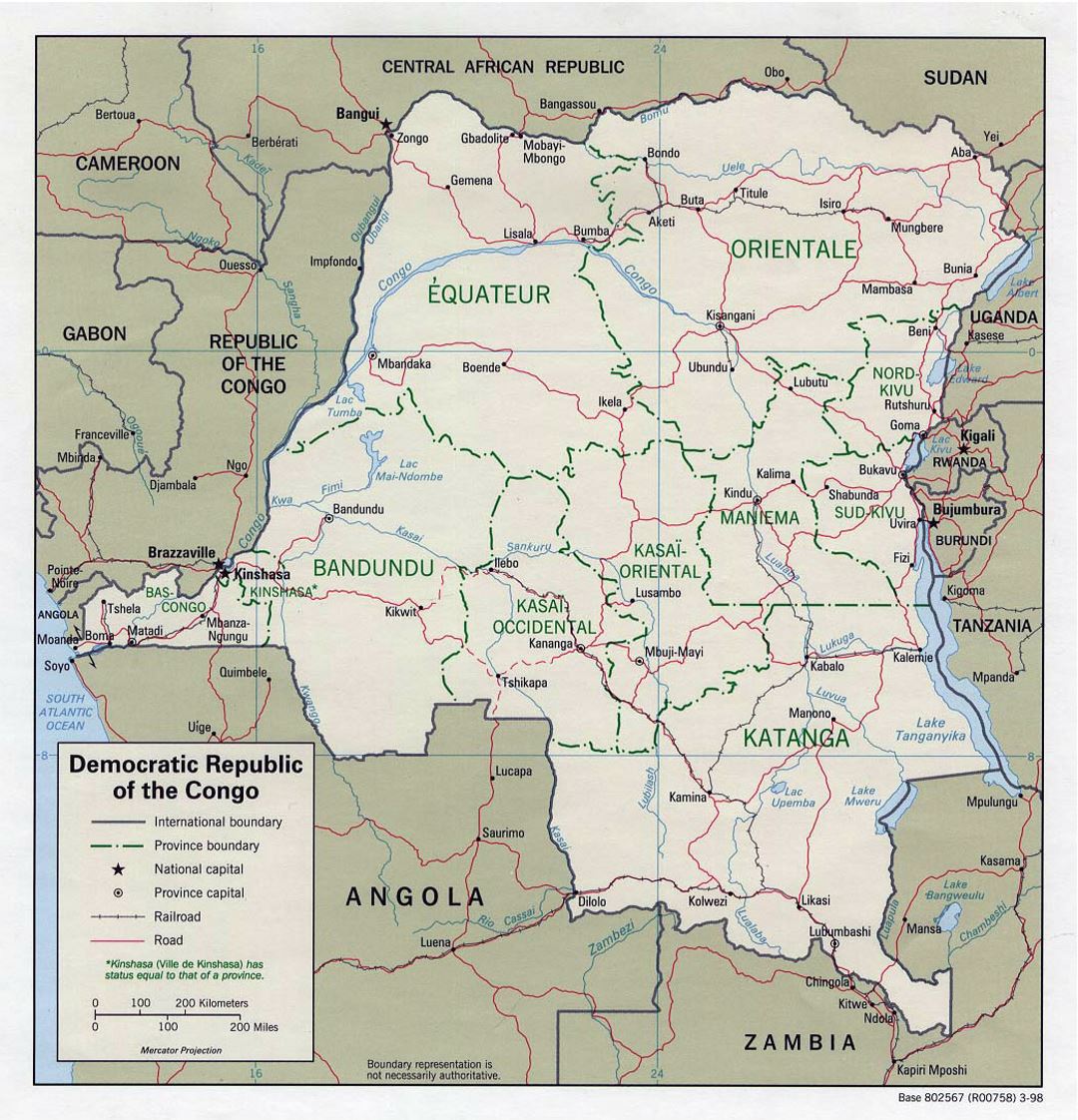 Detailed political and administrative map of Congo Democratic Republic with roads, railroads and major cities - 1998