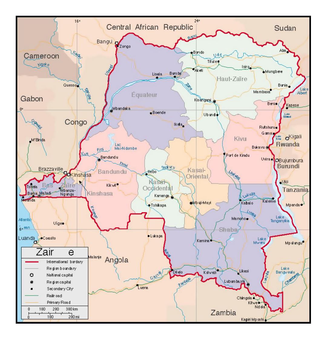 Detailed political and administrative map of Zaire with roads, railroads and major cities