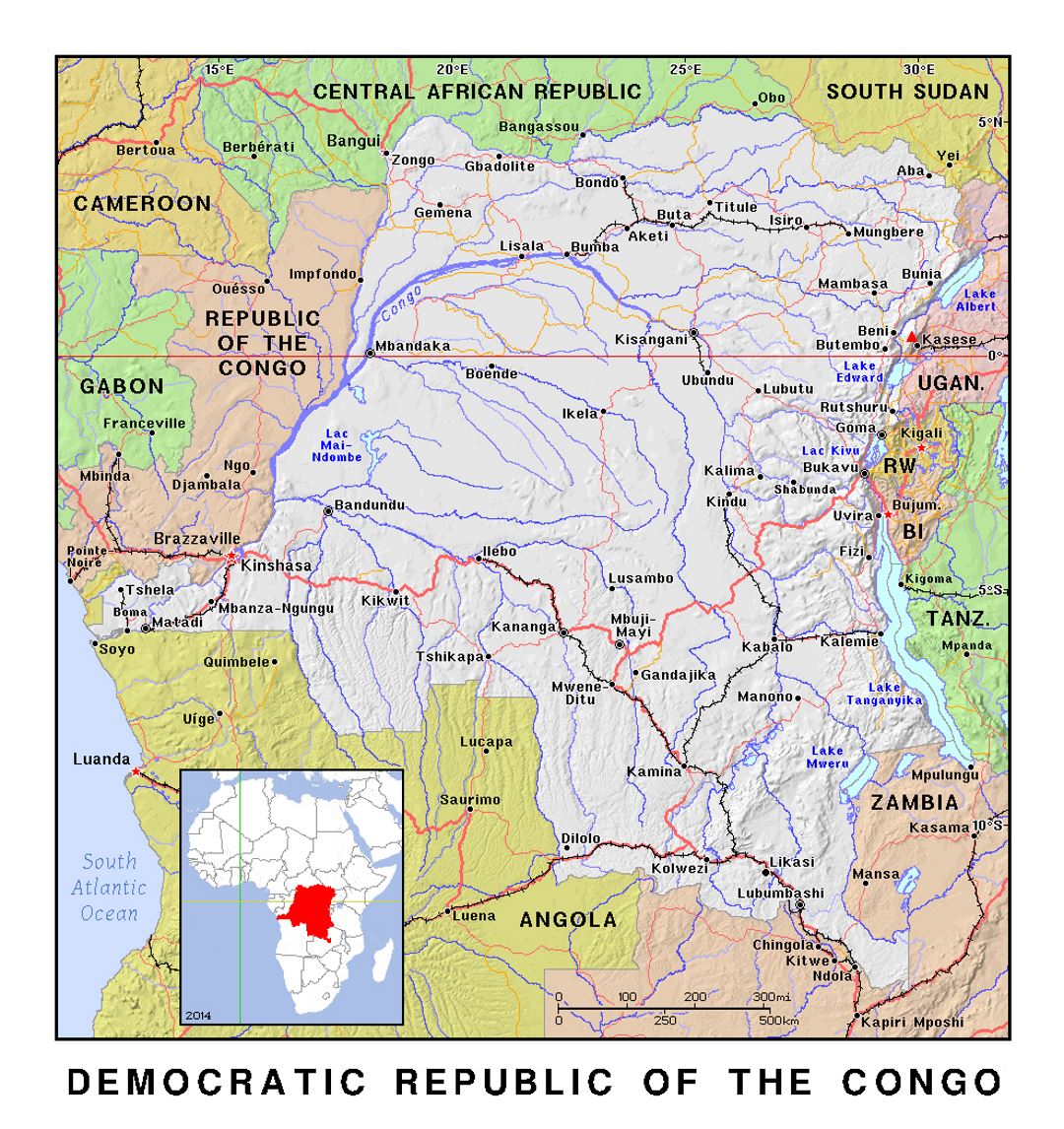 Detailed political map of Congo Democratic Republic with relief