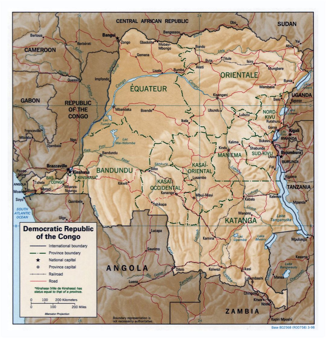 Large detailed political and administrative map of Congo Democratic Republic with relief, roads, railroads and major cities - 1998