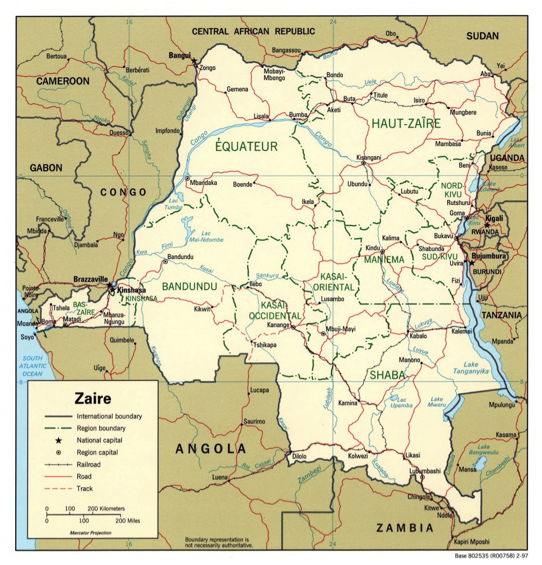 Large detailed political and administrative map of Congo Democratic Republic with roads, railroads and major cities - 1997
