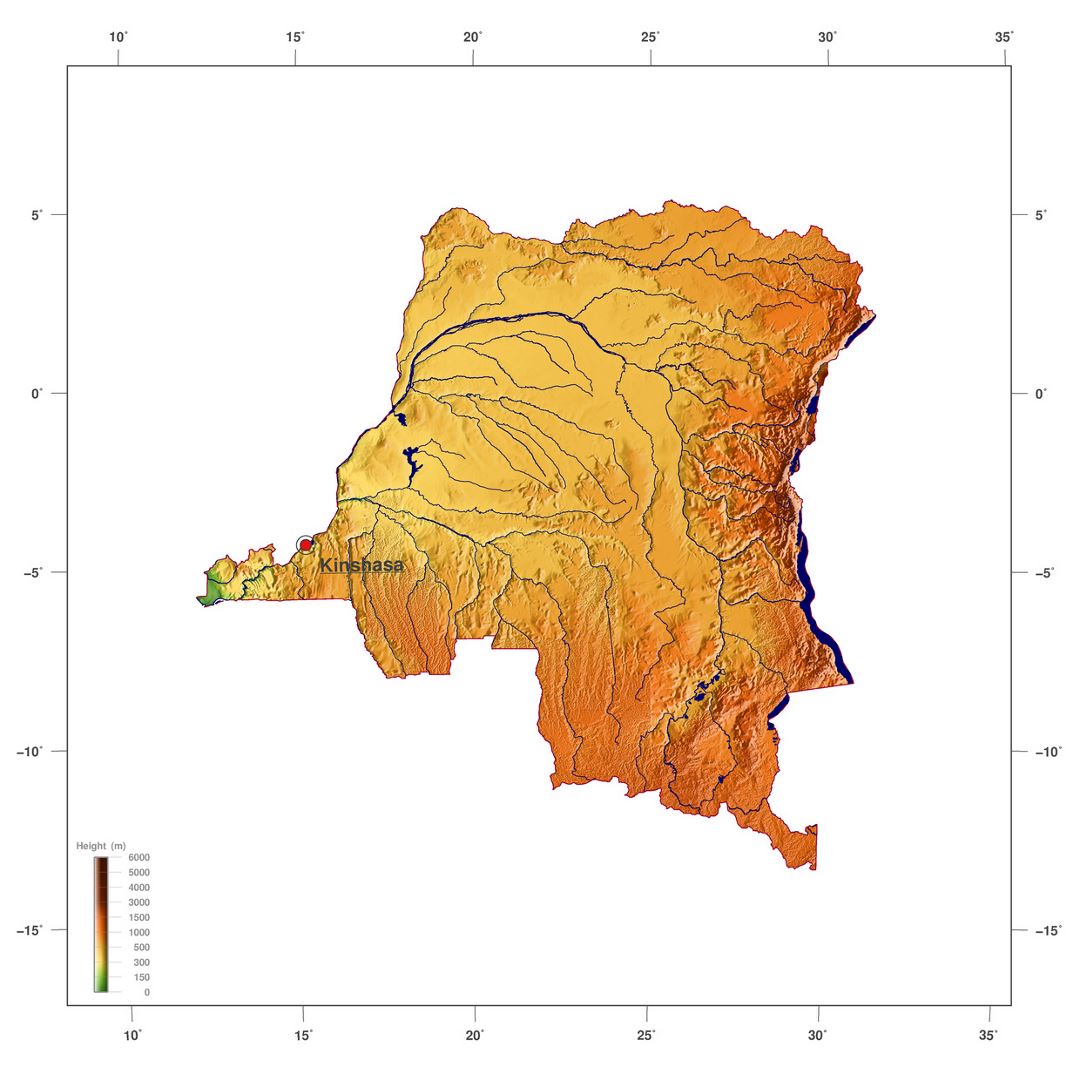 Large elevation map of Congo Democratic Republic