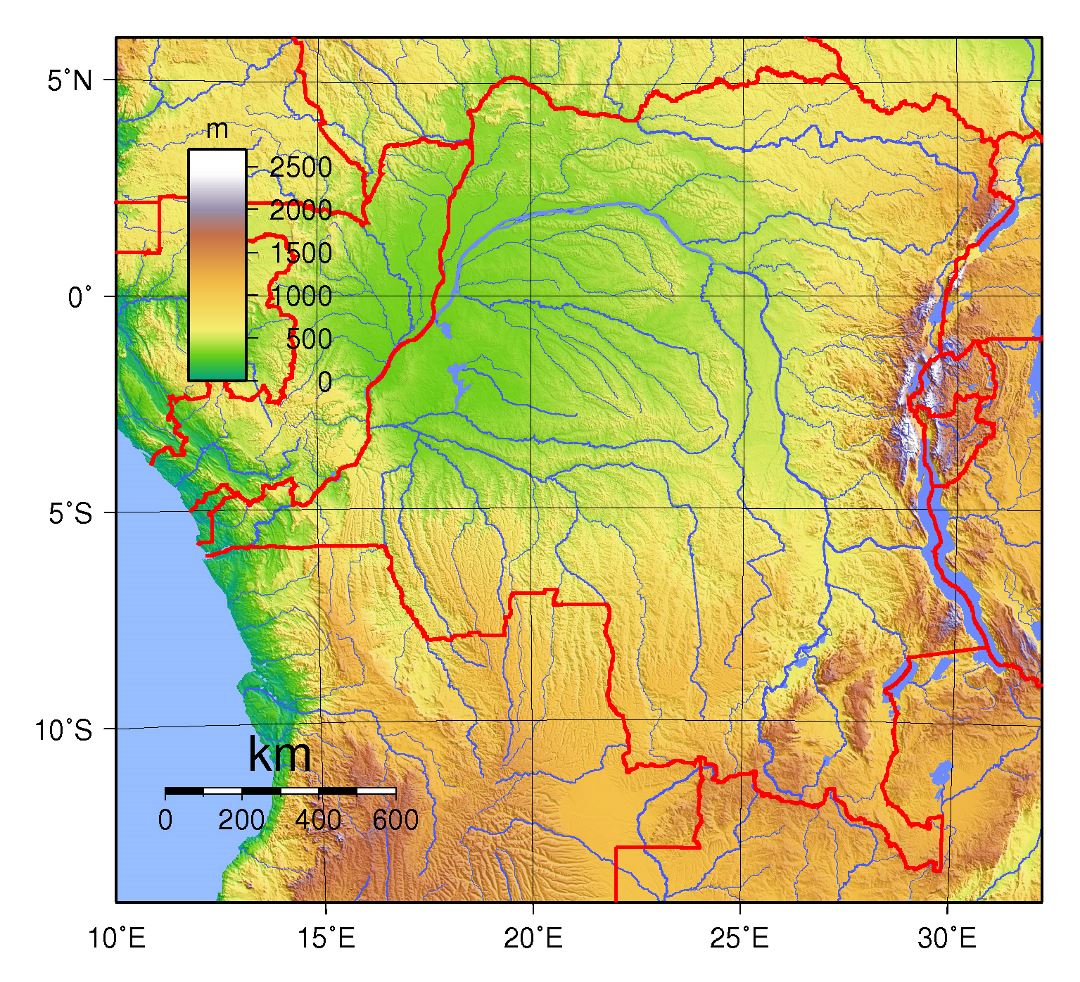 Large physical map of Congo Democratic Republic