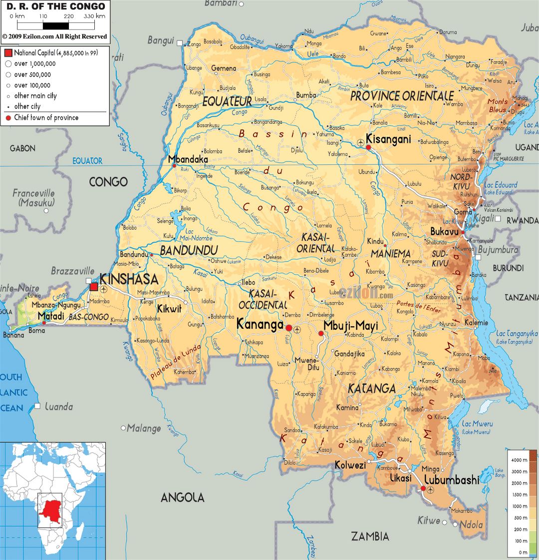 Large physical map of Congo Democratic Republic with roads, cities and airports