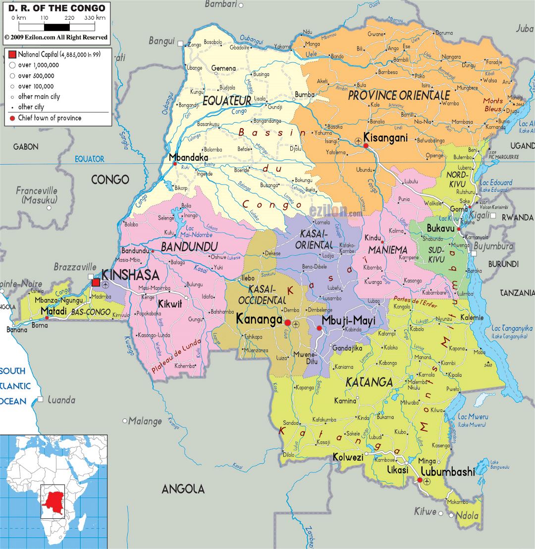 Large political and administrative map of Congo Democratic Republic with roads, cities and airports