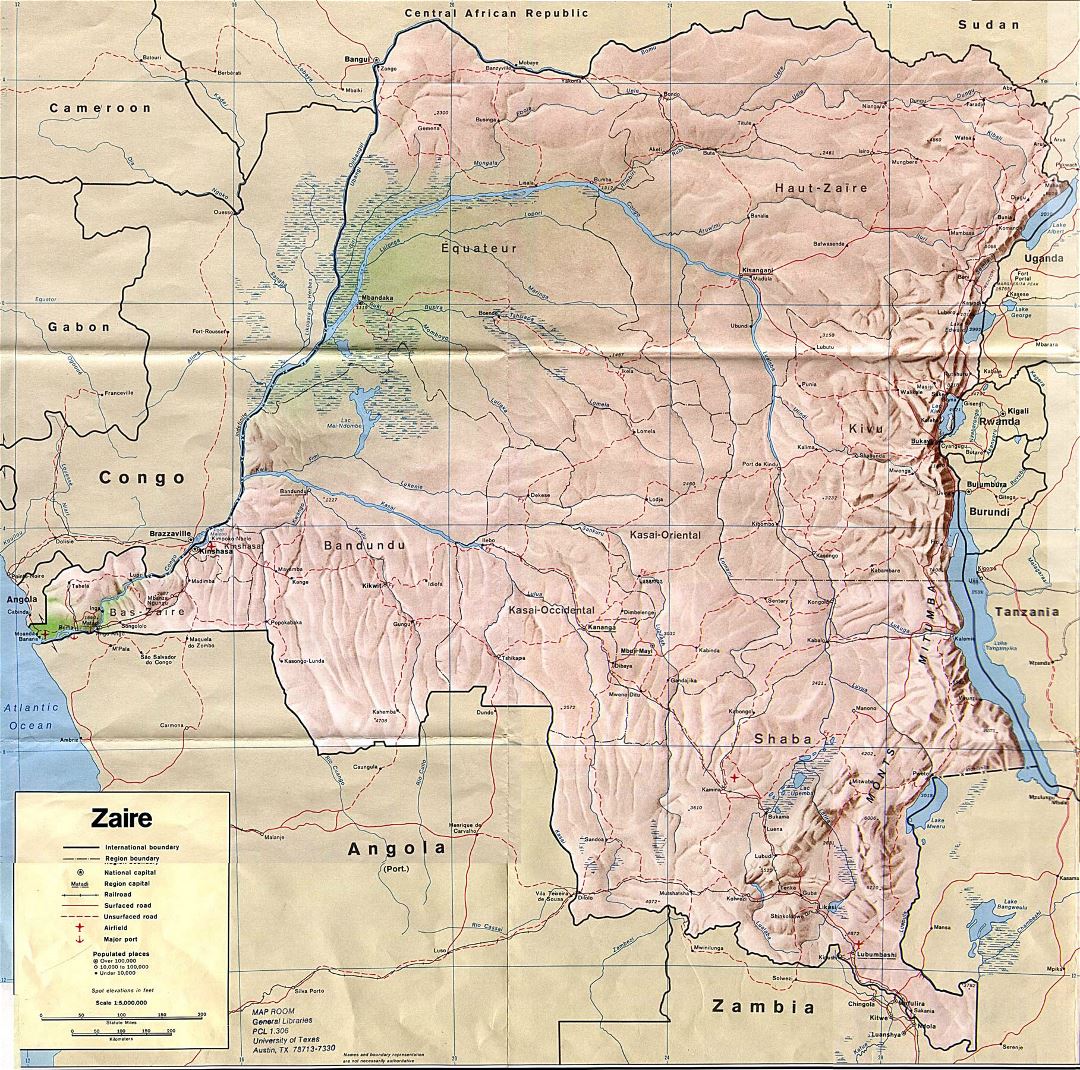 Large political map of Zaire with relief, roads, railroads, cities, ports and airports