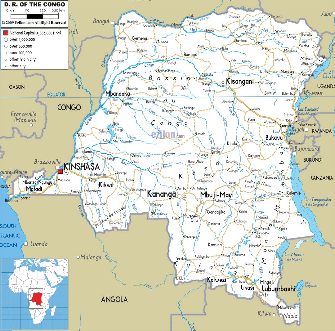 Large road map of Congo Democratic Republic with cities and airports