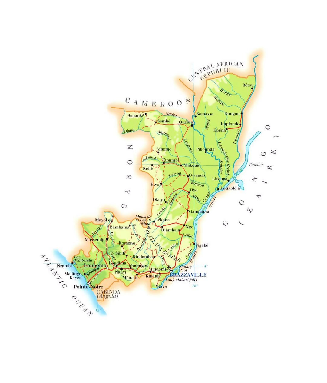 Detailed elevation map of Congo with roads, cities and airports