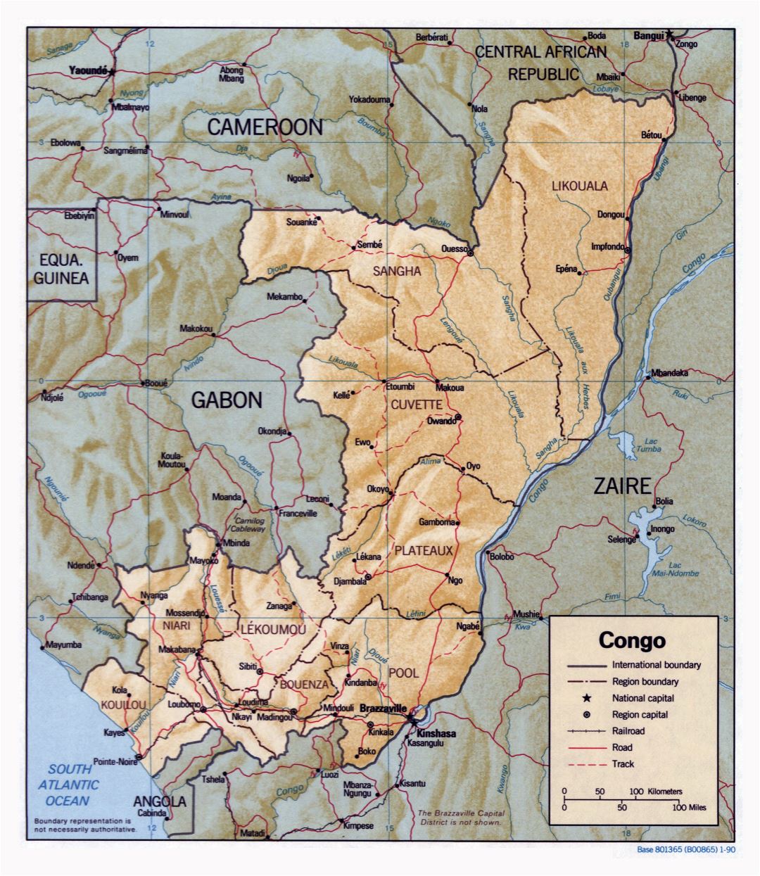 Large detailed political and administrative map of Congo with relief, roads, railroads and major cities - 1990