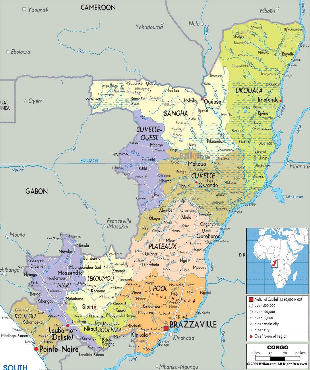 Large political and administrative map of Congo with roads, cities and airports