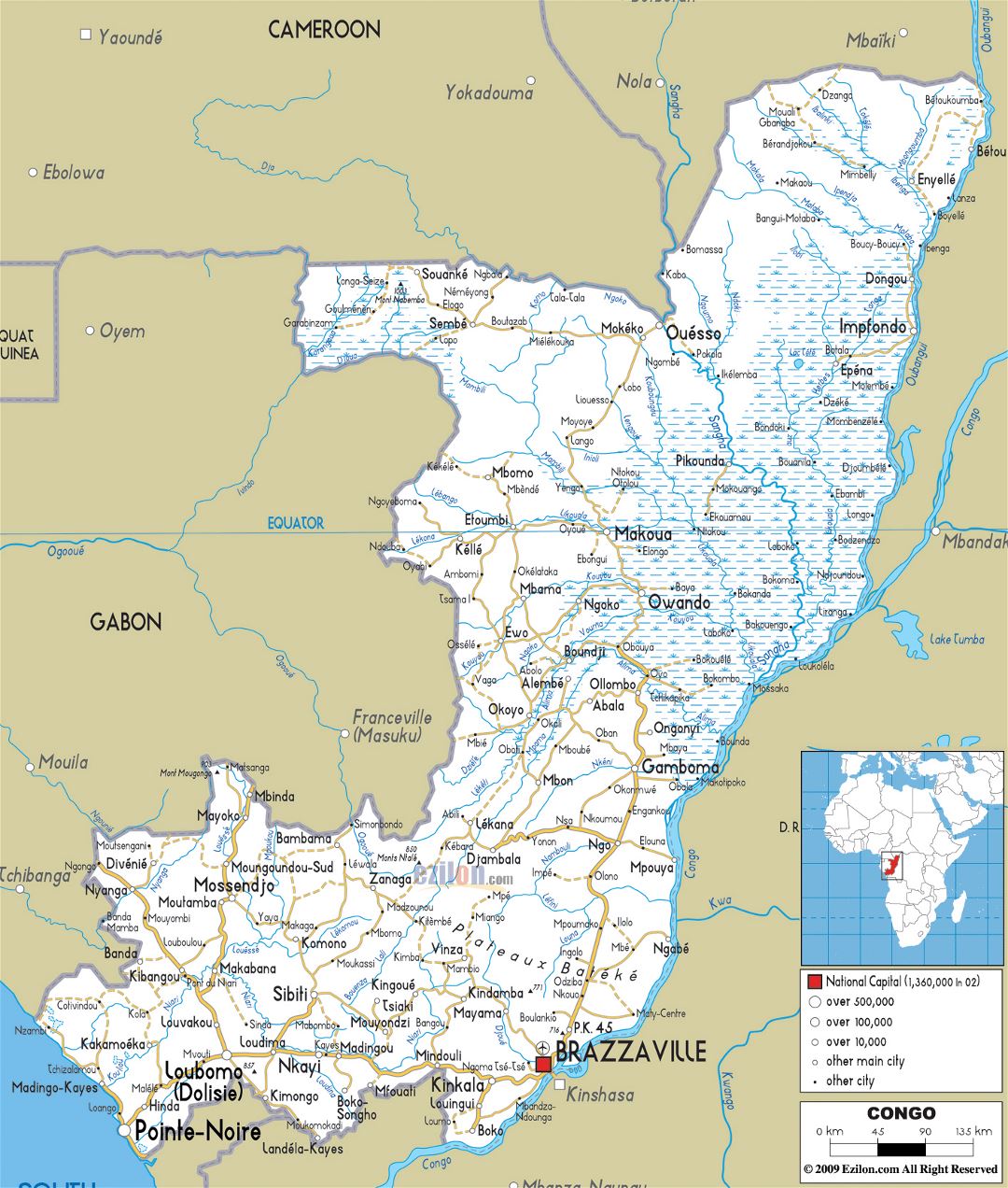 Large road map of Congo with cities and airports