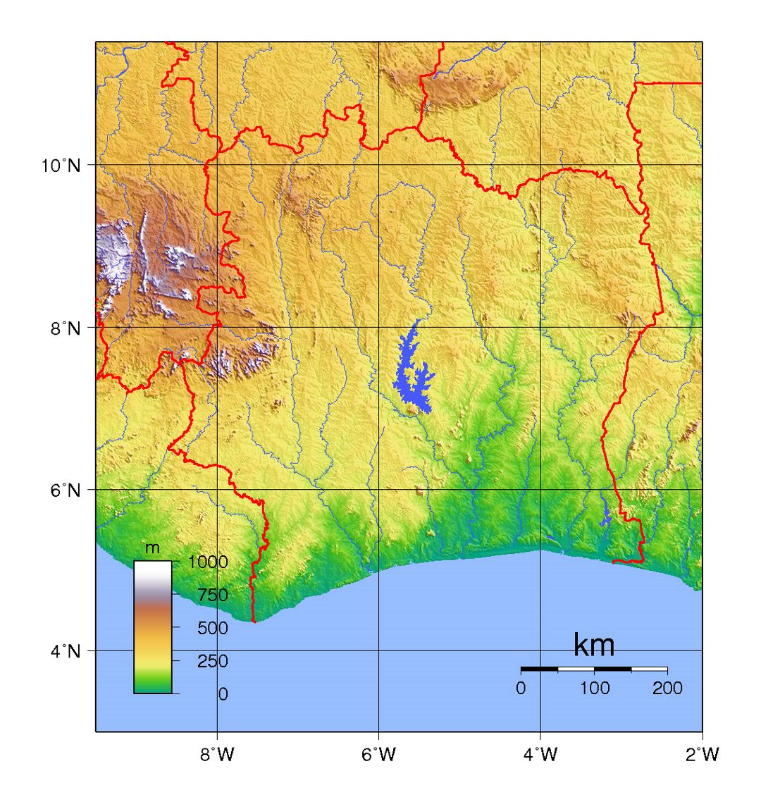 Detailed physical map of Ivory Coast