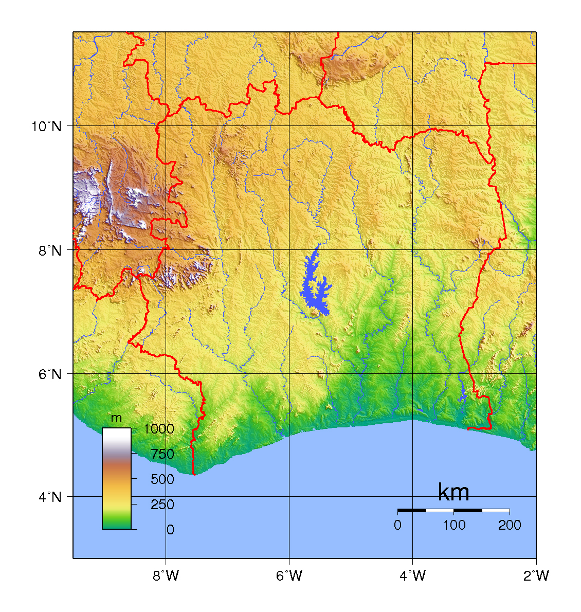 Detailed Physical Map Of Ivory Coast 