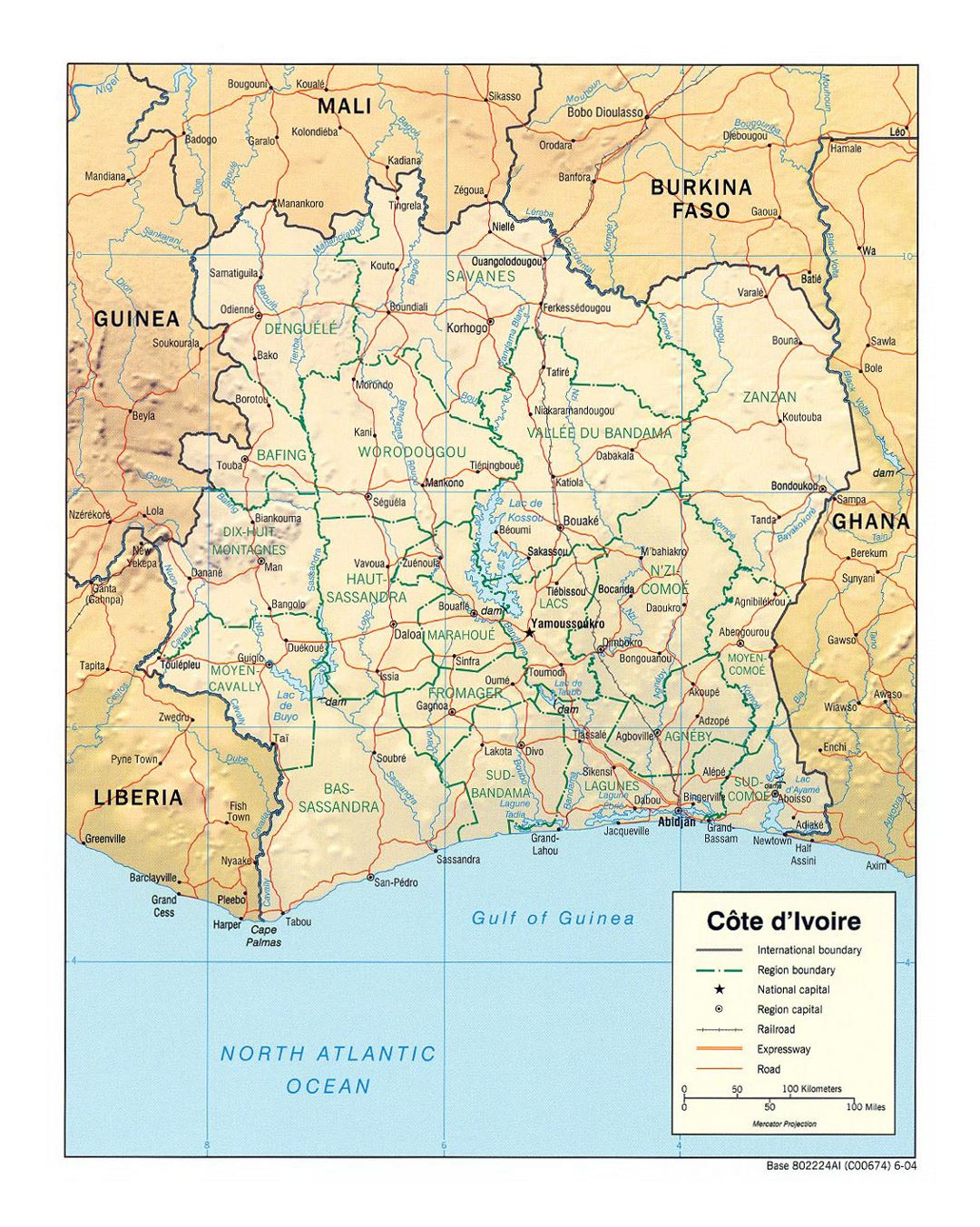 Detailed political and administrative map of Cote d'Ivoire with relief, roads, railroads and major cities - 2004