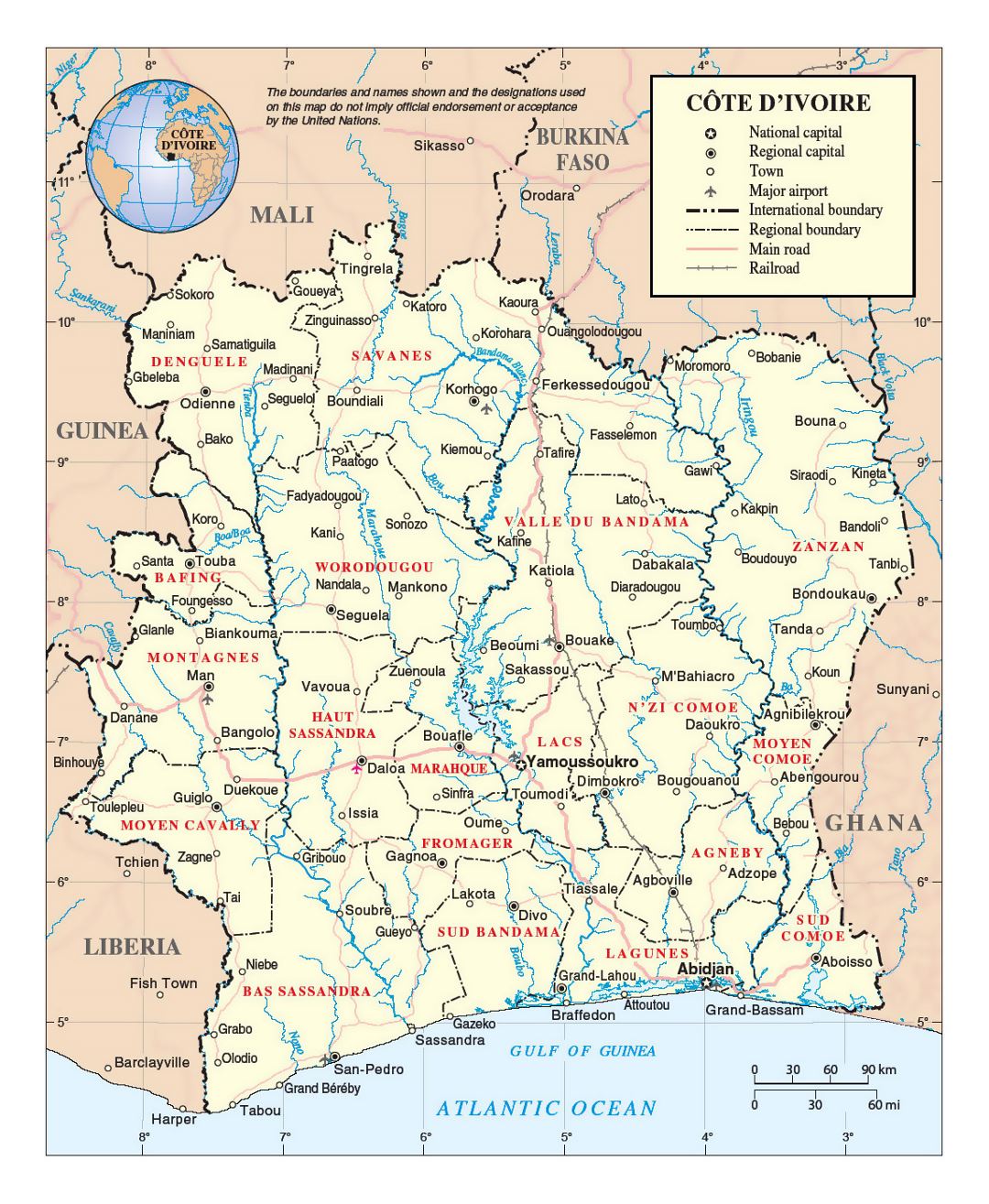 Detailed political and administrative map of Ivory Coast with roads, railroads, cities and airports