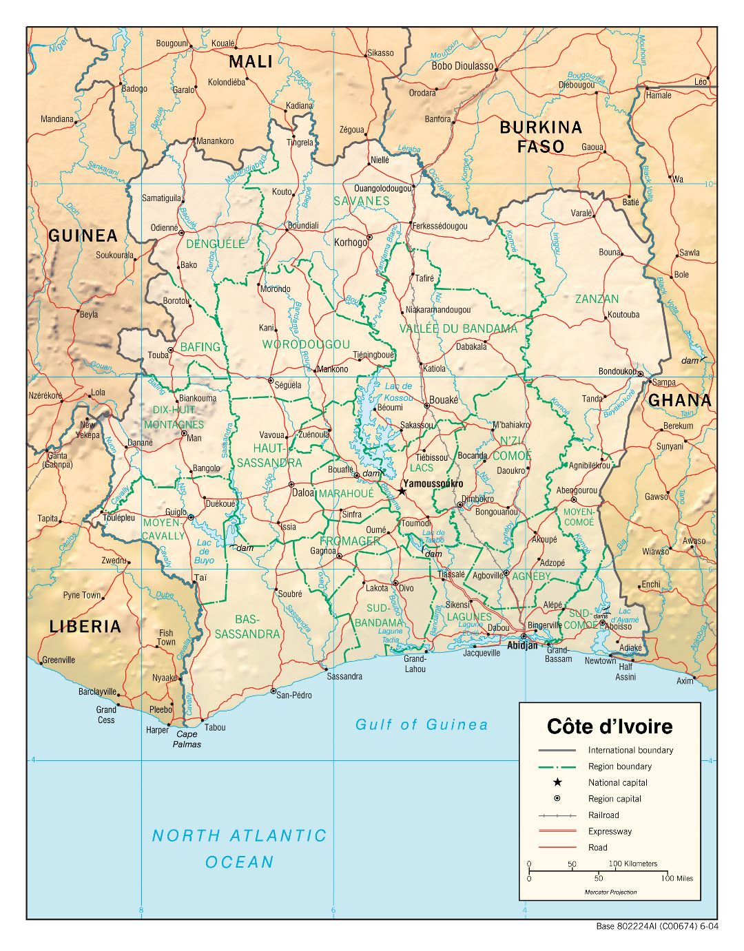 Large detailed political and administrative map of Cote d'Ivoire with relief, roads, railroads and major cities - 2004