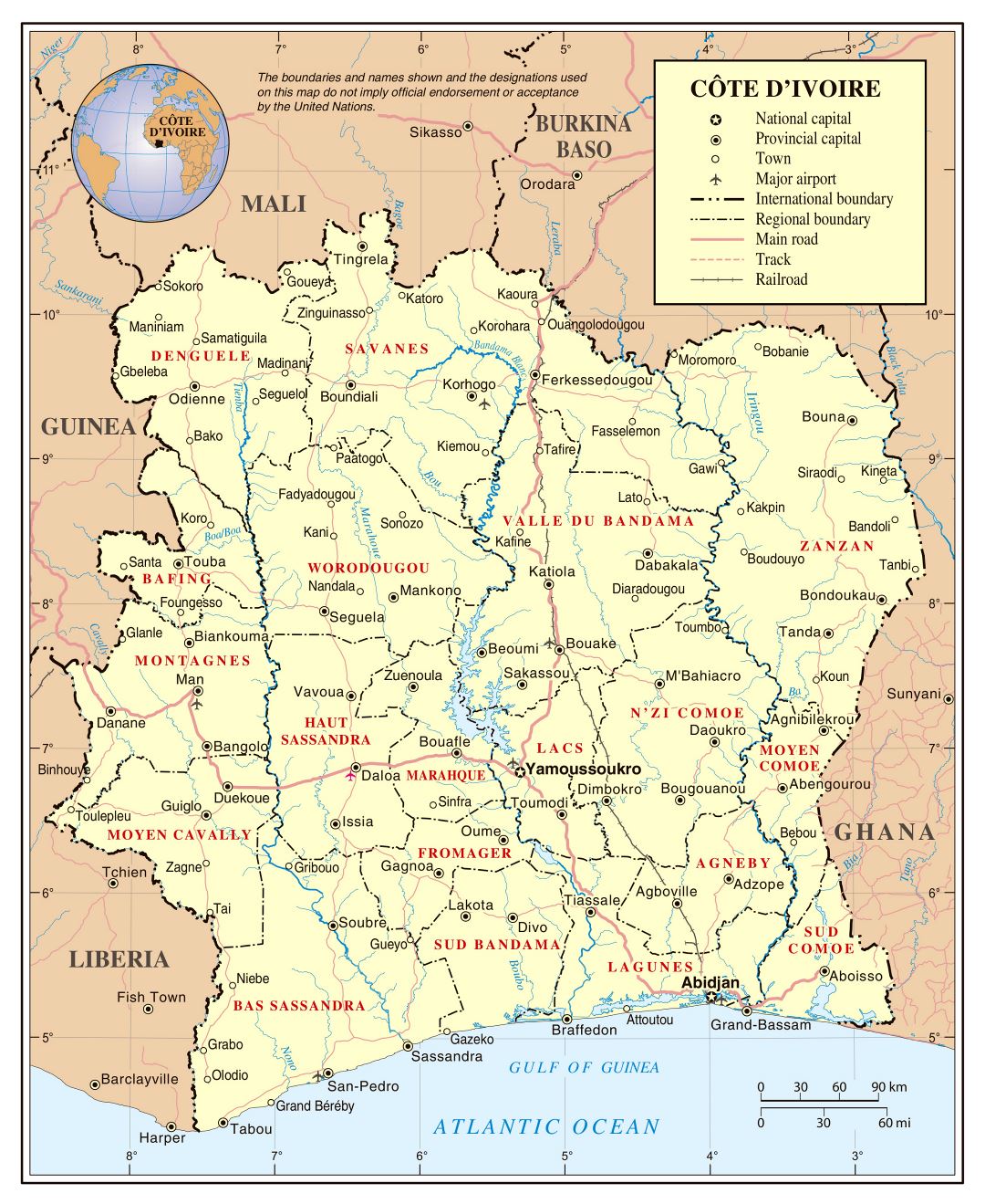 Large detailed political and administrative map of Cote d'Ivoire with roads, railroads, cities and airports